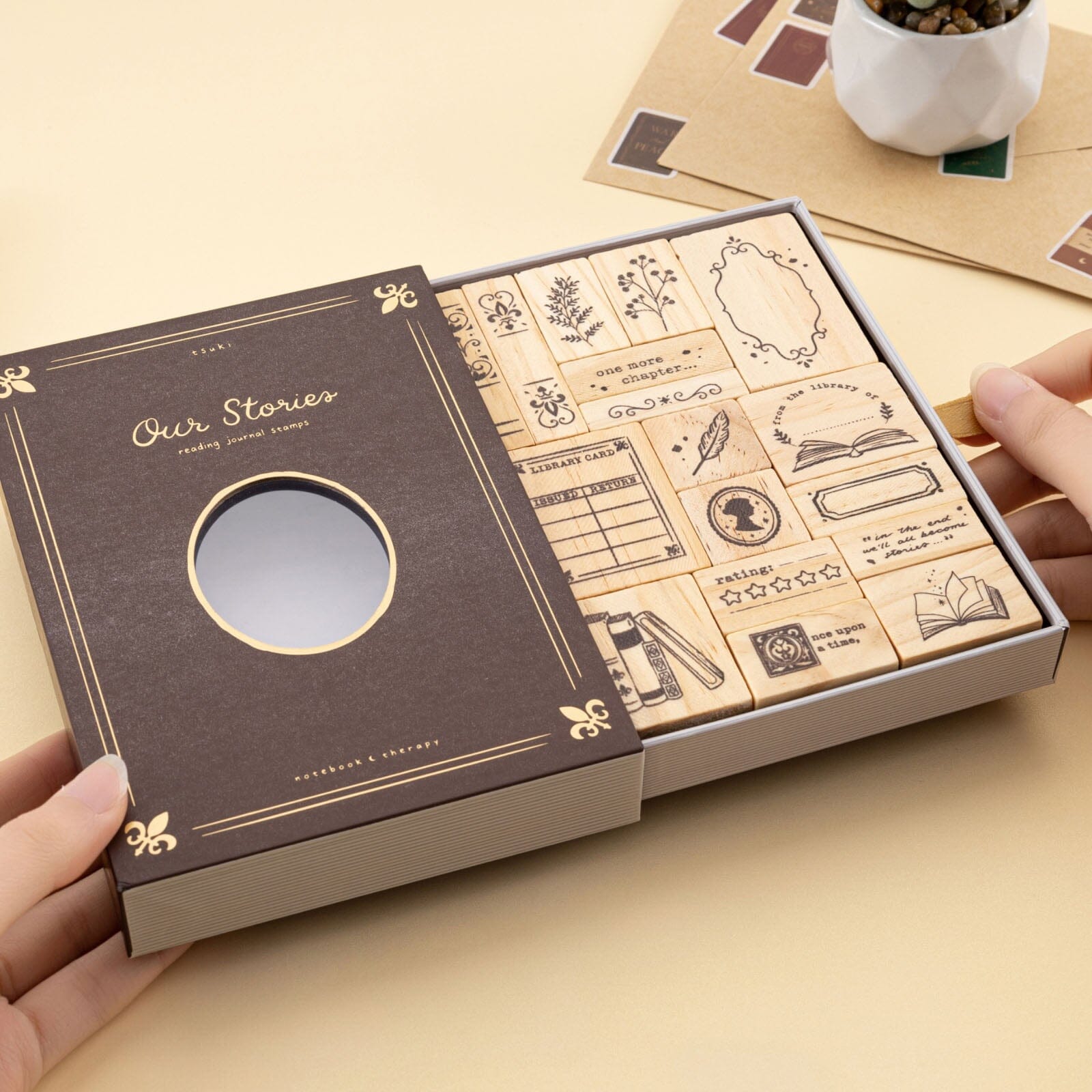 Tsuki Our Stories reading journal stamp set opened box at an angle