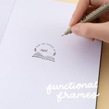 ‘From the library of’ rubber stamp stamped on white dotted paper with text in the middle that reads ‘nori’ and white text on top that reads ‘functional frames’