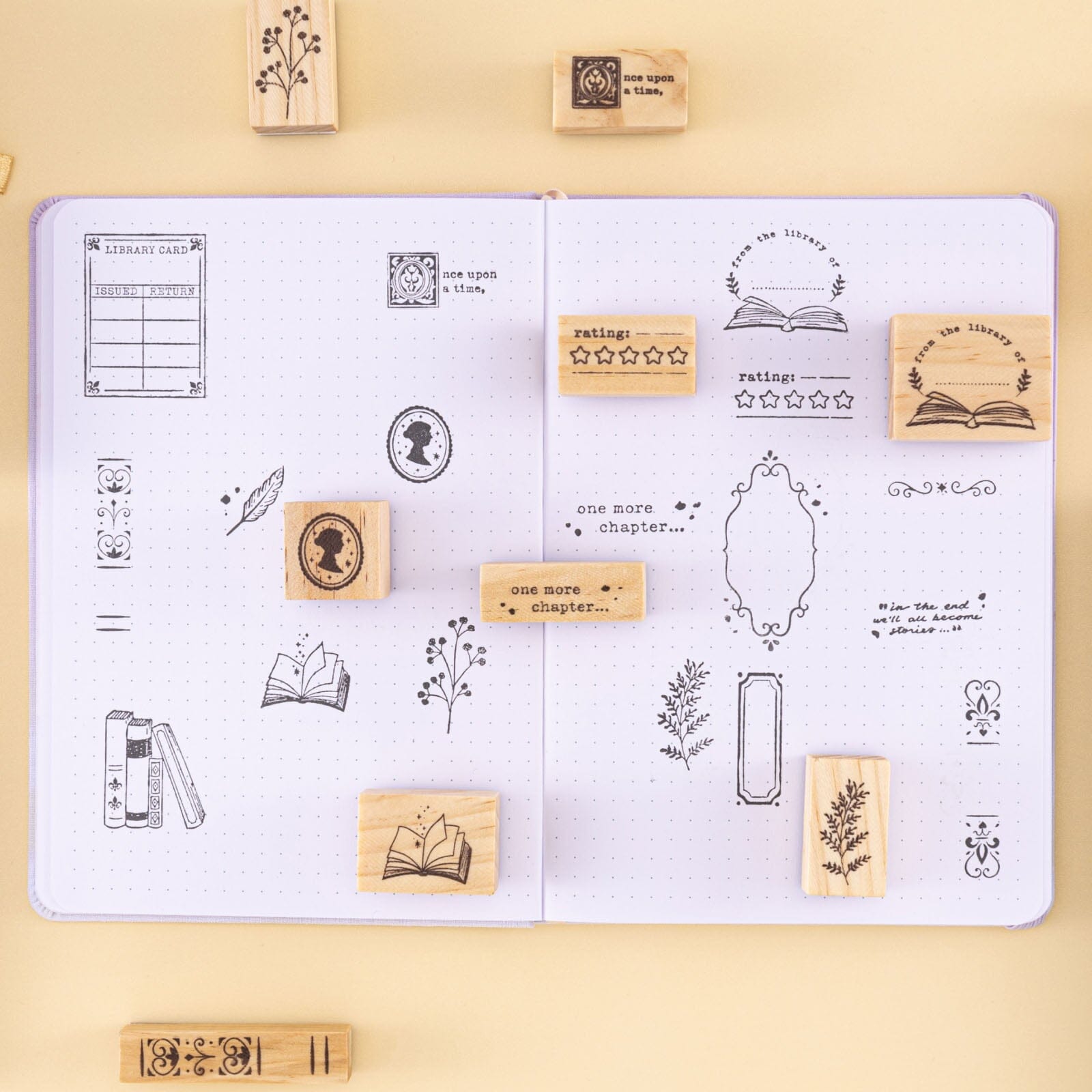 Swatch of Tsuki Our Stories rubber stamps on bullet journal