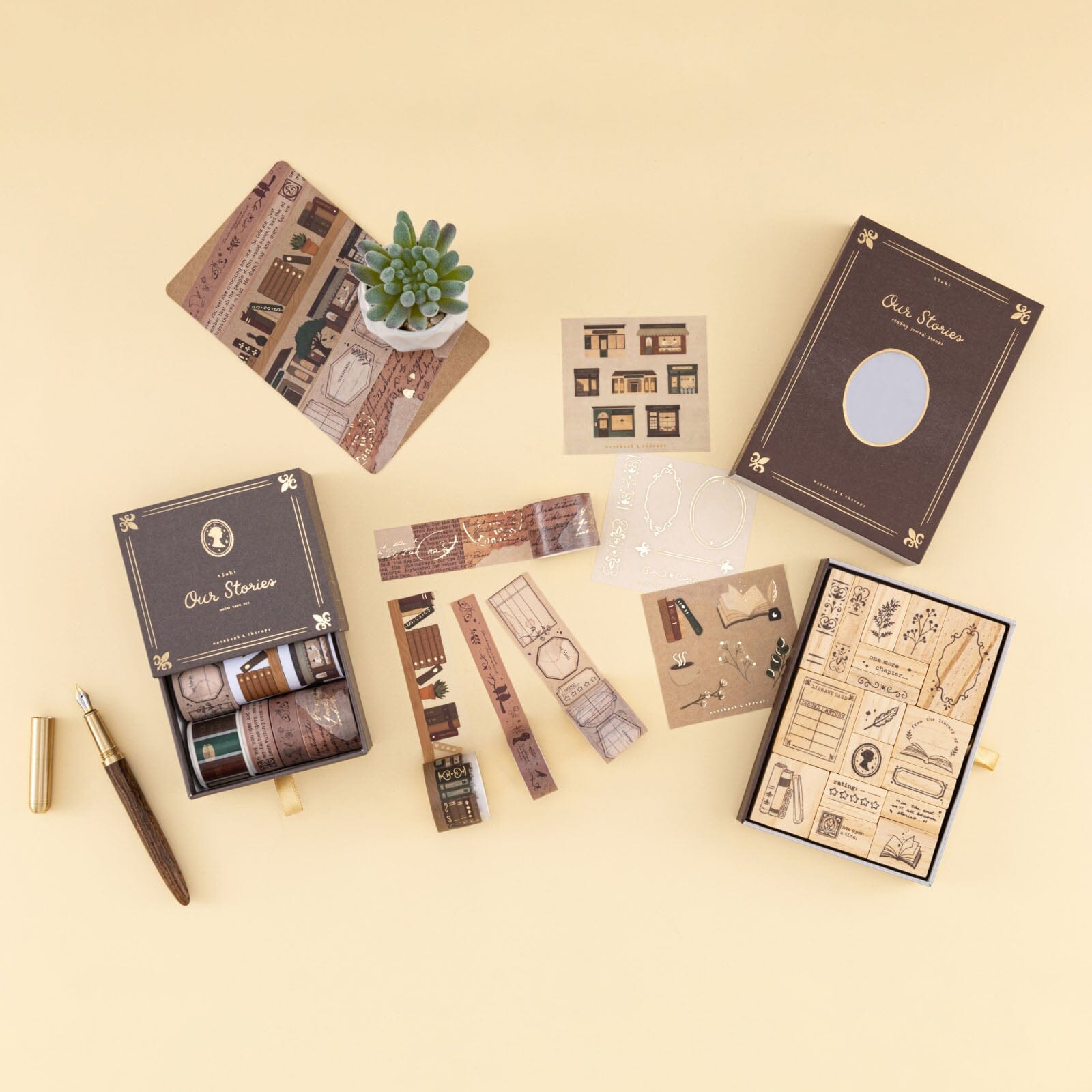  Our Stories collection flatlay with washi tapes and rubber stamps