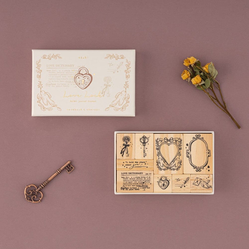 Tsuki Love Lock bullet journal stamp set flatlay opened box