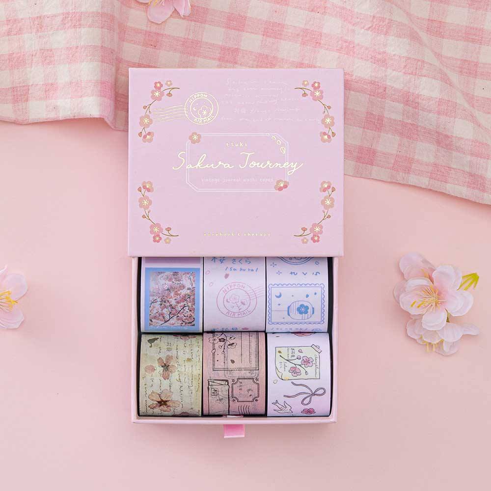 Tsuki ‘Sakura Journey’ Vintage Journal Washi Tape Set with cherry blossoms on pink gingham on pink background