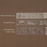 1x 30mm sketchy print tape, 30mm gold foil tape, 40mm dried flower sticker roll