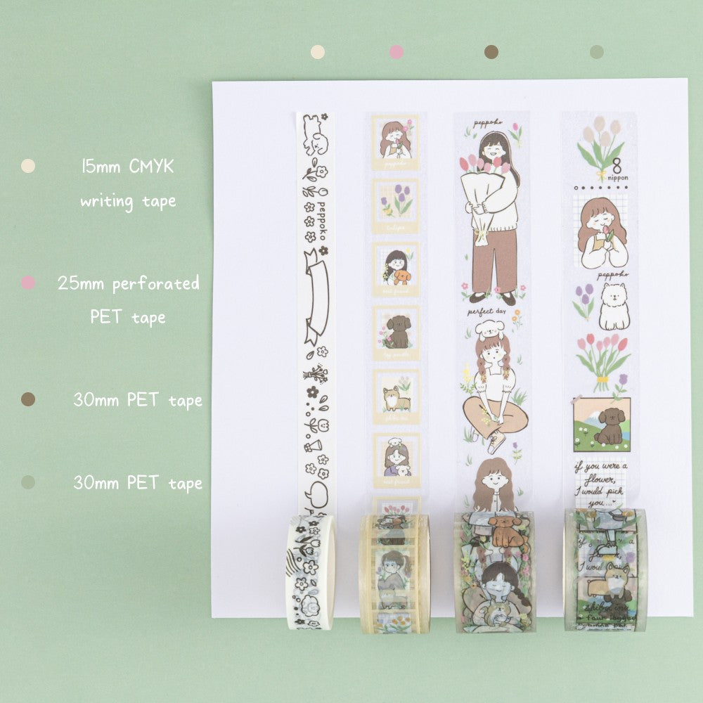 Tsuki ‘Happy Day’ swatch on white paper 15mm CMYK writing tape, 25mm perforated PET tape, 30mm PET tape, 30mm PET tape