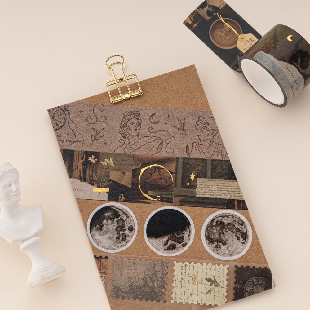 Dark Academia themed Washi tape on kraft paper with gold clip