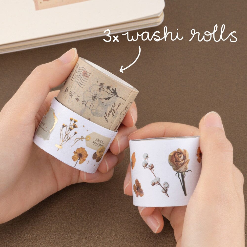 Hands holding 3x washi rolls