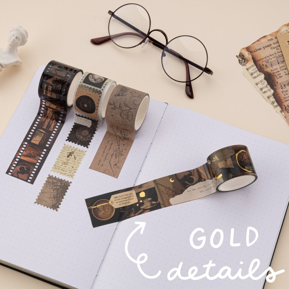 Gold details on a wide 30mm washi tape on white bullet journal paper