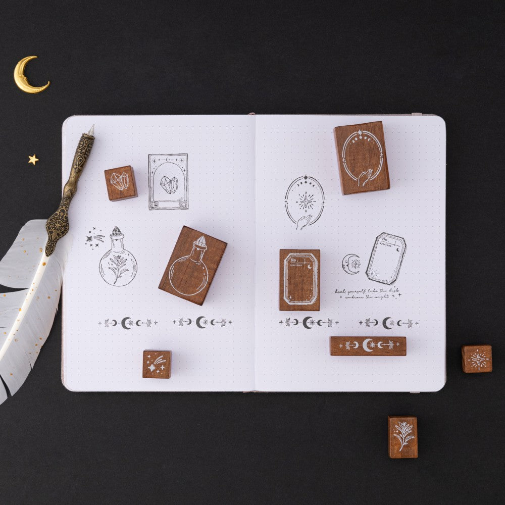 Tsuki ‘Moonlit Alchemy’ stamps on white page bullet journal