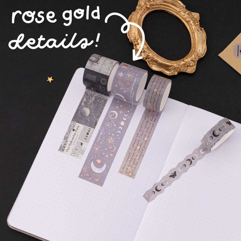 Tsuki ‘Moonlit Alchemy’ Washi tapes on white bullet journal page and text that says “gold foil details”
