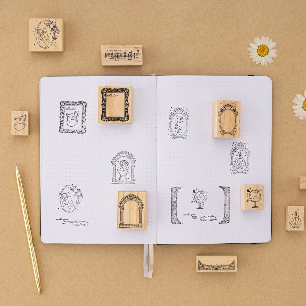 Light Academia bullet journal stamps on bullet journal spread