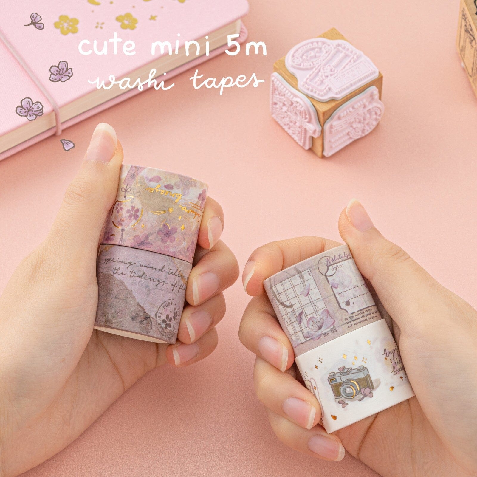 Hands holding 4x sakura themed washi tape rolls and text cute mini 5m washi tapes