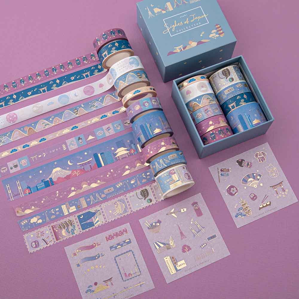 Tsuki Sights of Japan washi tape set on pink background