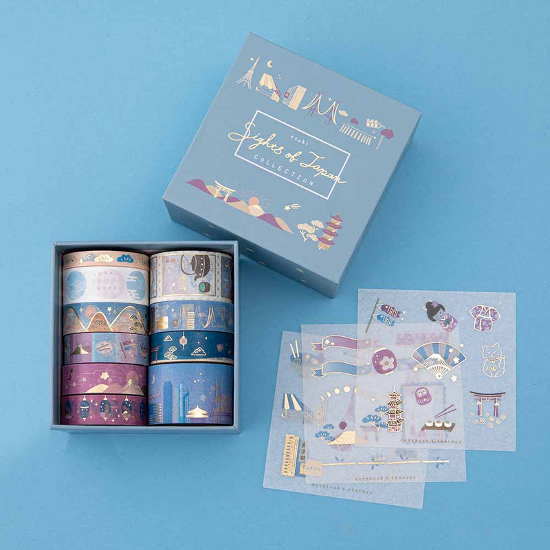 Tsuki Sights of Japan washi tape set opened box showing washi tapes and 3 sticker sheets