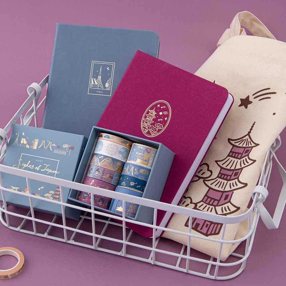 Sights of Japan by Notebook Therapy collection in a wire basket
