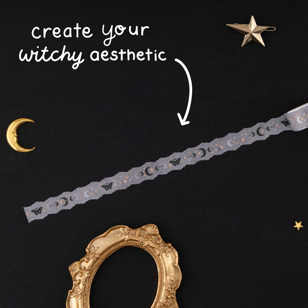 Witchy stamps washi tape on kraft envelope