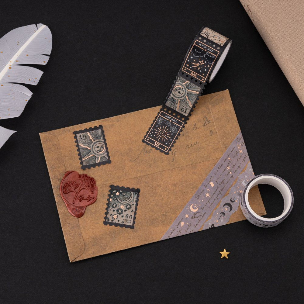 Tsuki ‘Moonlit Alchemy’ Washi tapes swatched on black background