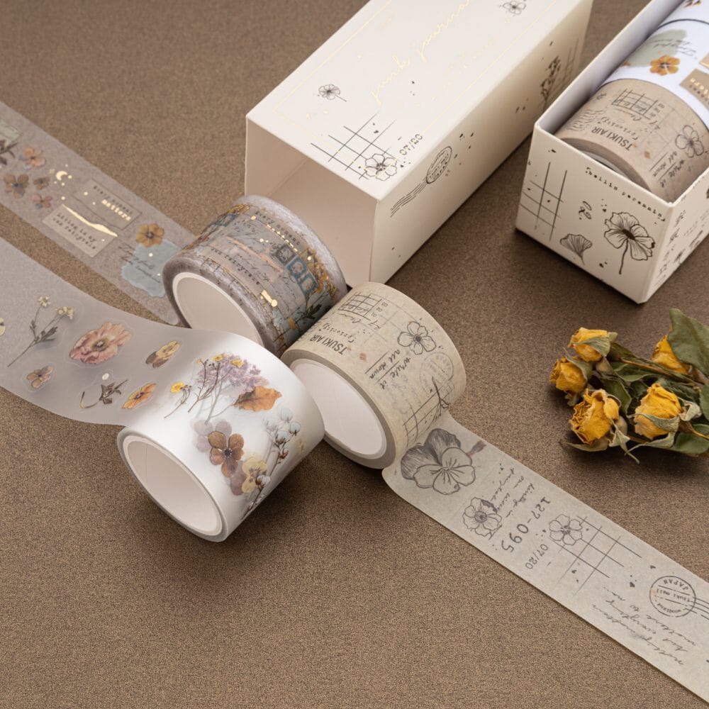 Washi tape rolls on brown background