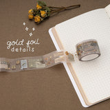 Gold foil details on collage-style printed PET washi tape