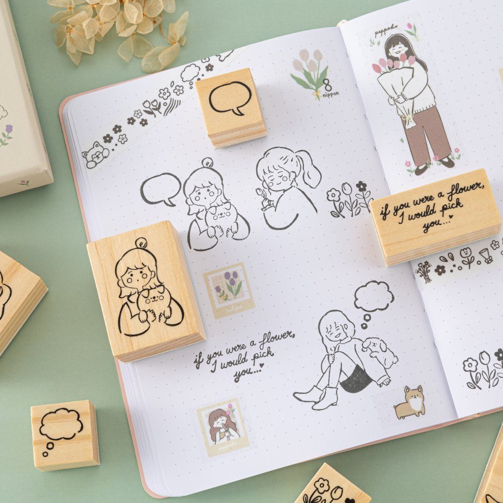 Tsuki Happy Day stamps on bullet journal page