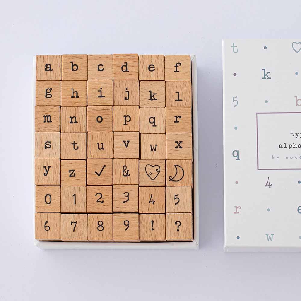 Tsuki Bullet Journal Typewriter Style Alphabet Stamps with eco-friendly gift box packaging on light grey background