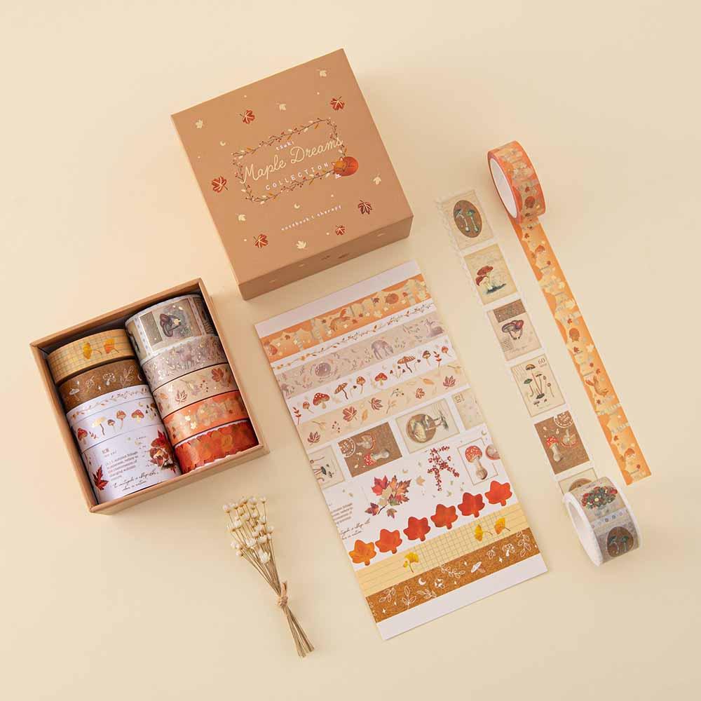 Tsuki ‘Maple Dreams’ Washi Tape Set at an angle with dried flowers on cream background
