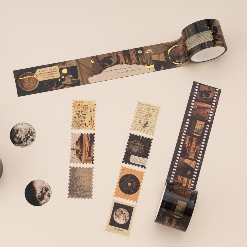 Dark Academia themed washi tapes on beige background