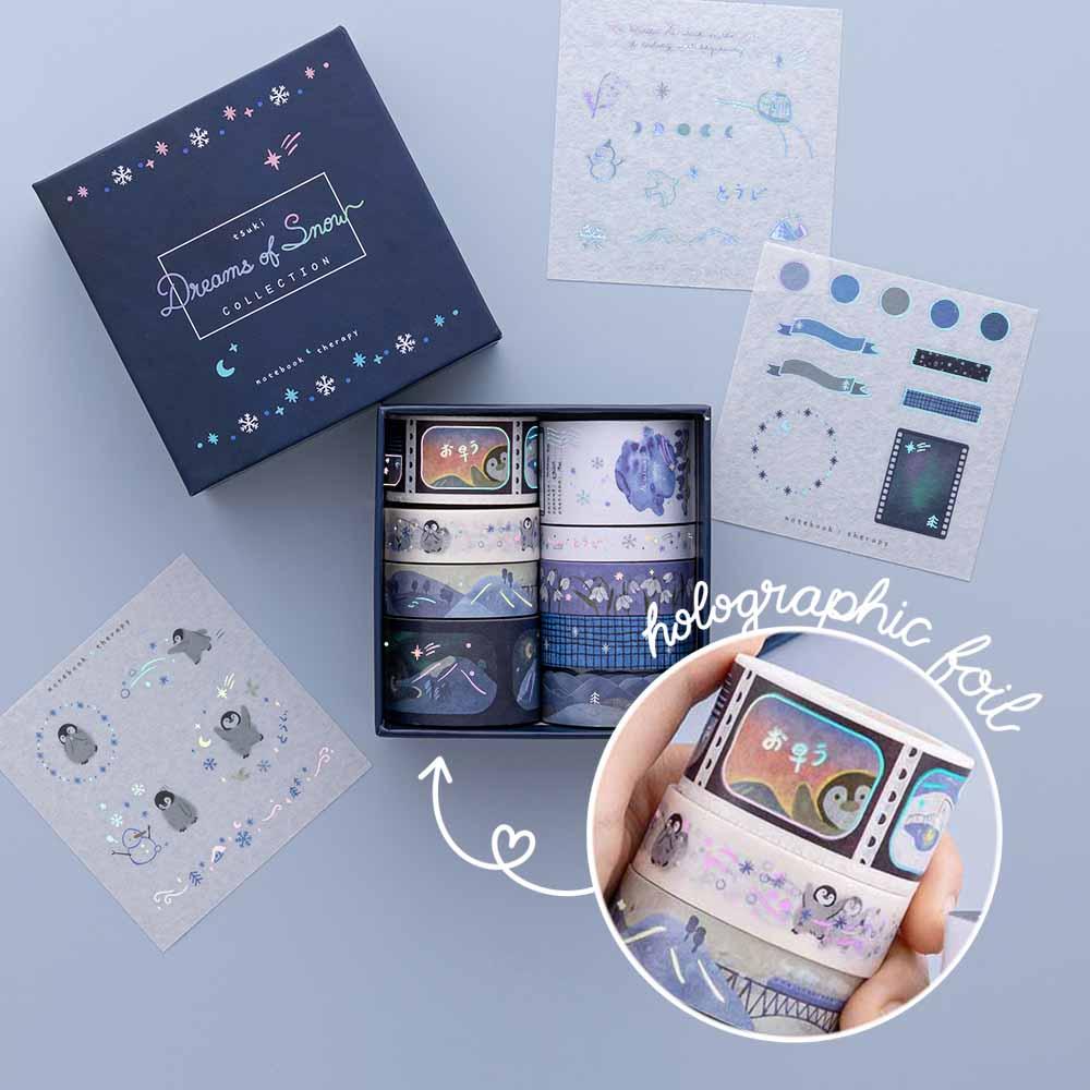 Tsuki ‘Dreams of Snow’ Holographic Washi Tape Set with three free stickers sheets on light blue background