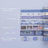 Tsuki ‘Dreams of Snow’ Holographic Washi Tape Set in various sizes on light blue background