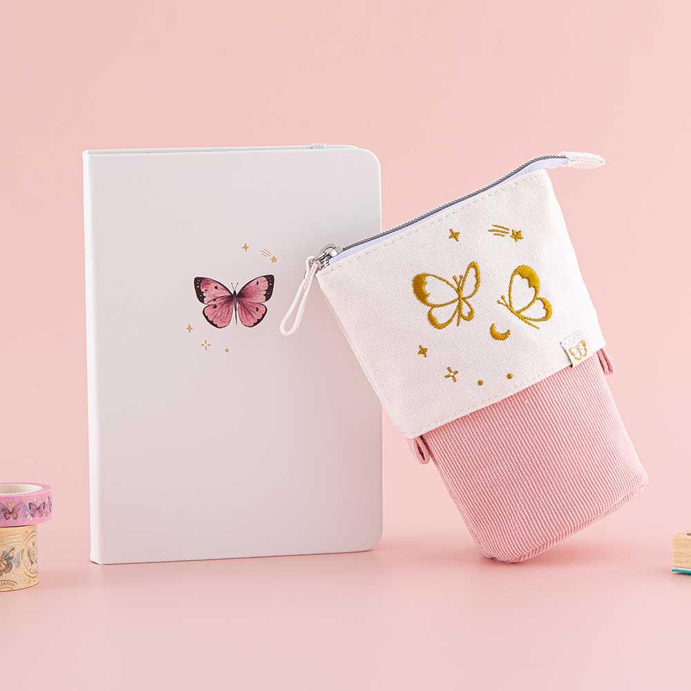 Tsuki ‘Flutter + Dream’ Pop-Up Pencil Case by Notebook Therapy x Pelinkan in pastel pink with Tsuki Cloud White ‘Flutter + Dream’ Limited Edition Bullet Journal by Notebook Therapy x Pelinkan with Tsuki ‘Flutter + Dream’ Washi Tapes by Notebook Therapy x Pelinkan in pastel pink background