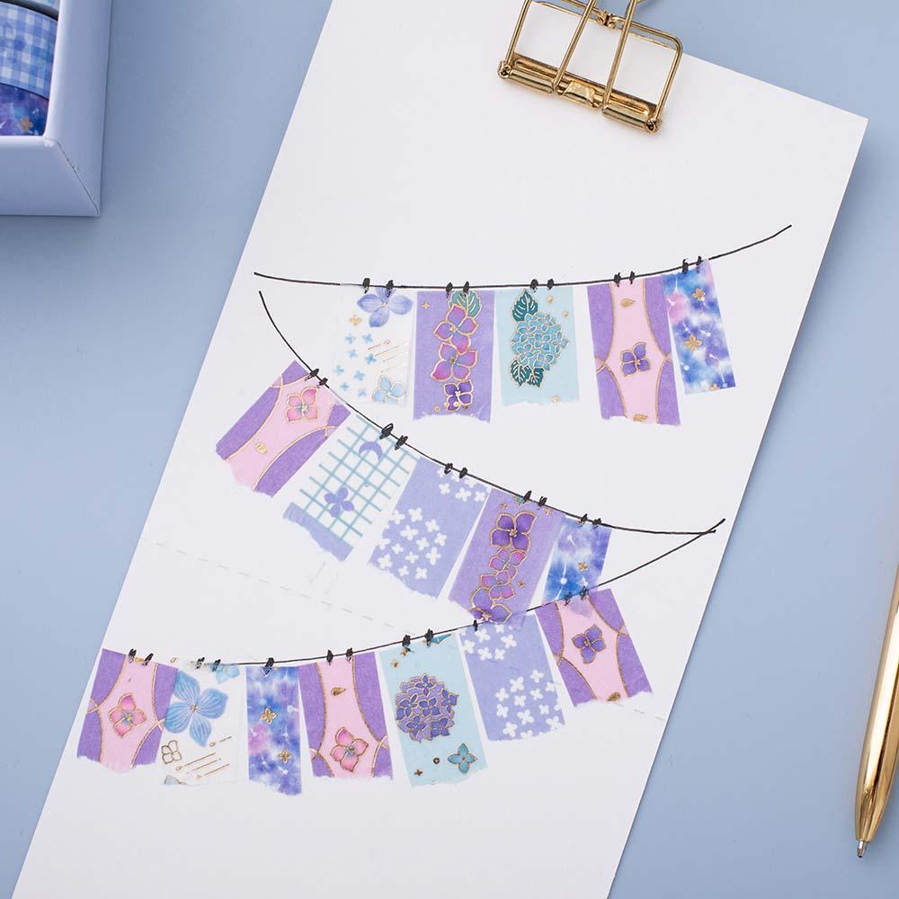 Tsuki Endless Summer Washi Tape Set in bunting pattern on white clipboard on light blue background