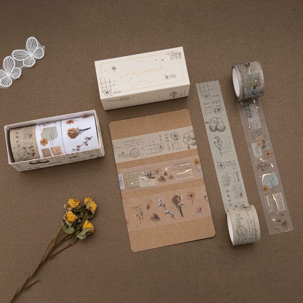 Flatlay of junk journal washi tape swatch with junk journal box