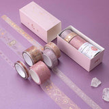 Tsuki ‘Moonlit Blush’ Washi Tape Set rolled out with amethyst stones on purple background