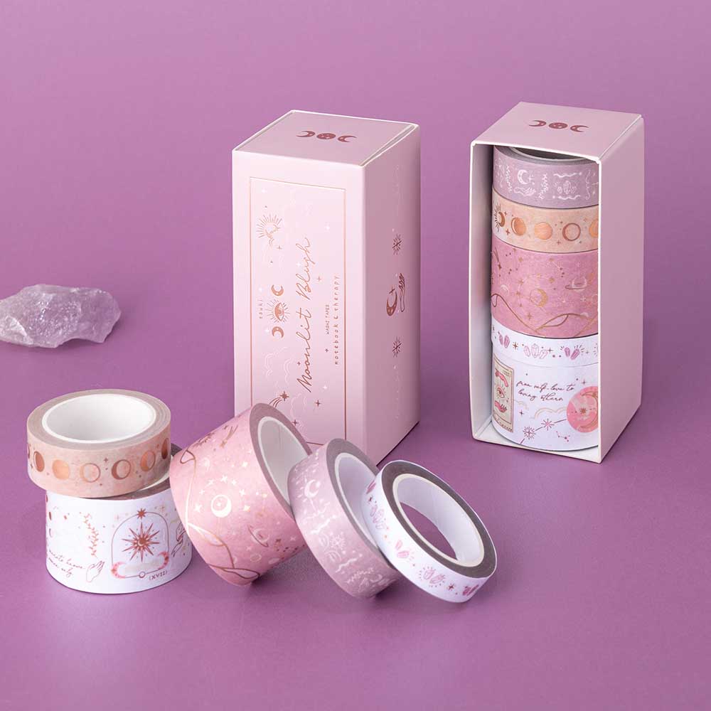 Tsuki ‘Moonlit Blush’ Washi Tape Set with amethyst stones in purple background