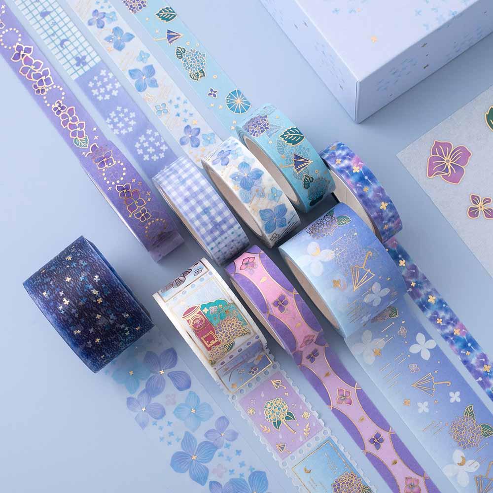Tsuki Endless Summer Washi Tape Set with free sticker sheets and eco-friendly gift box packaging on light blue background