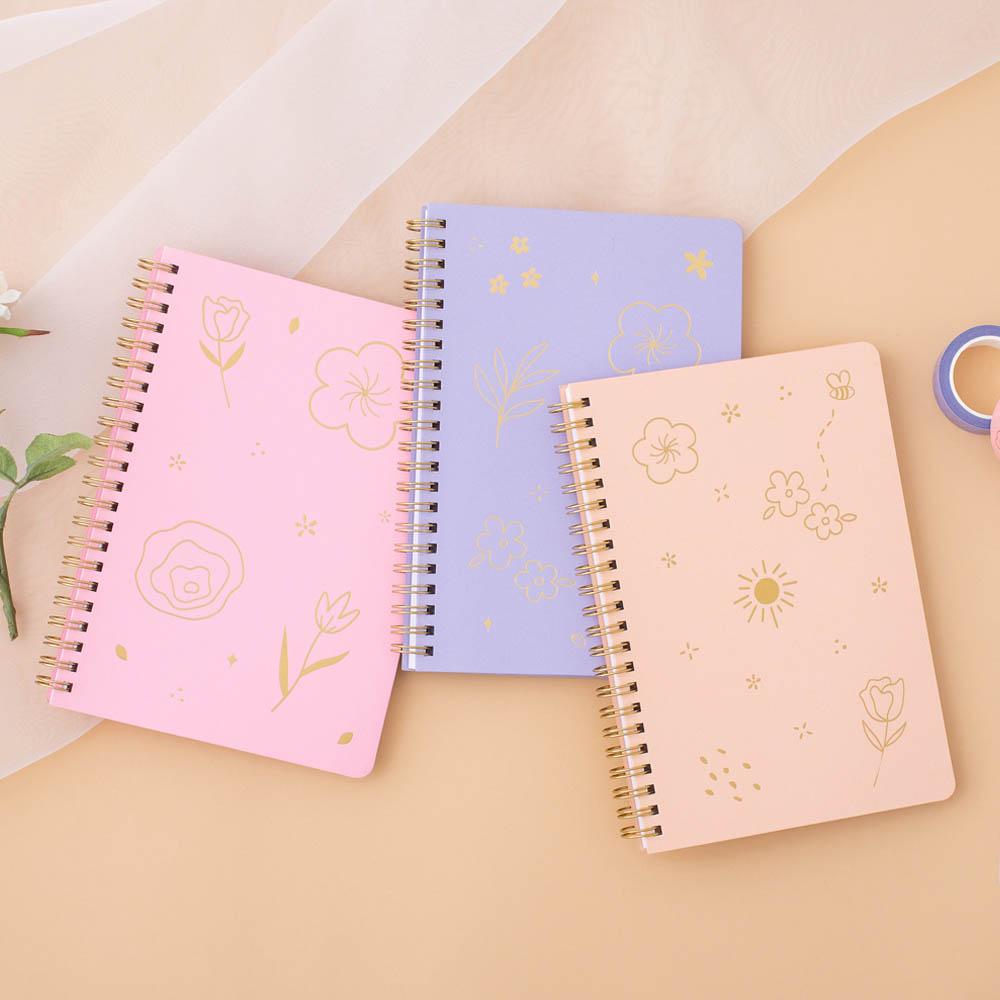 Sakura Pink, Lilac taro and honey Peach Tsuki Floral ringbound bullet journal on peach background