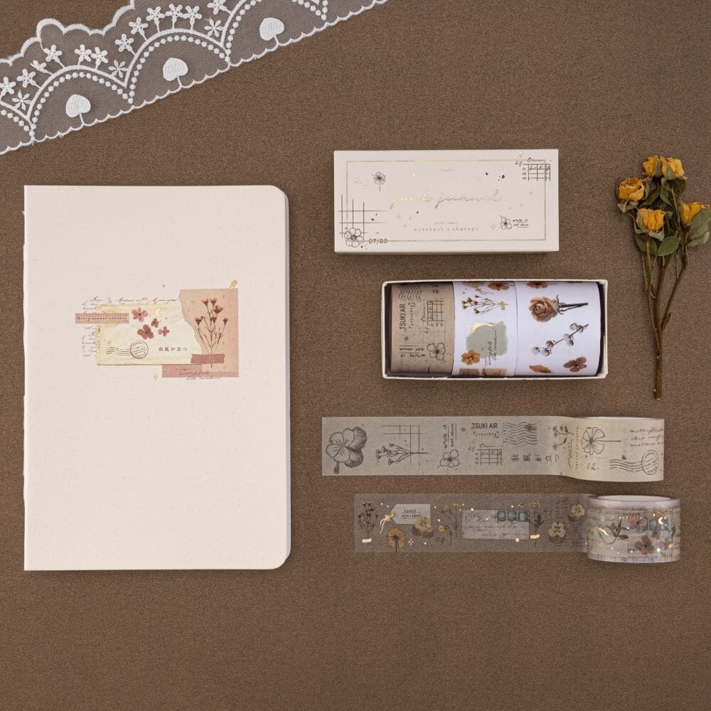 Tsuki Junk Journal flatlay with notebook and washi tape set