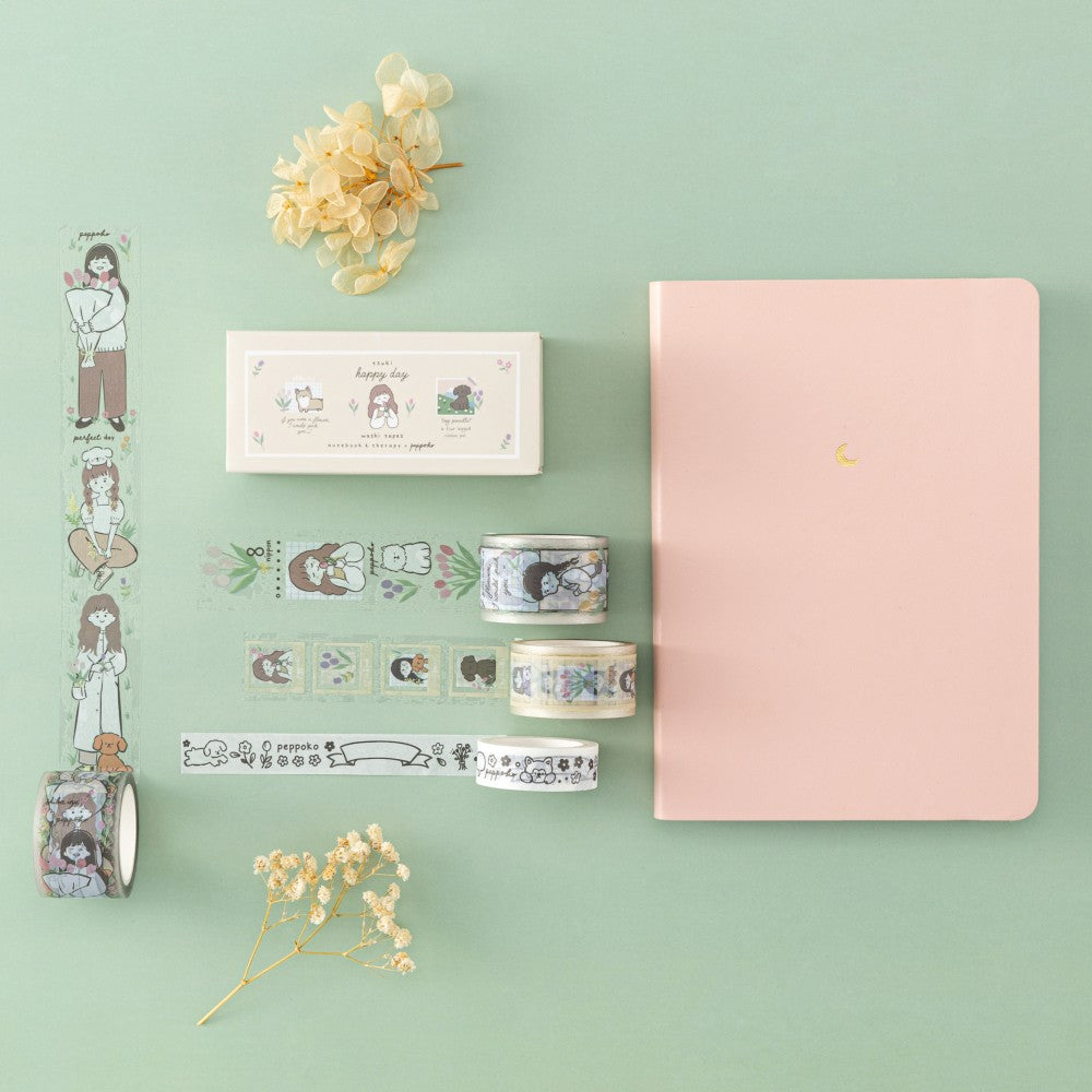 Tsuki Happy Day flatlay with washi tape and stamp set