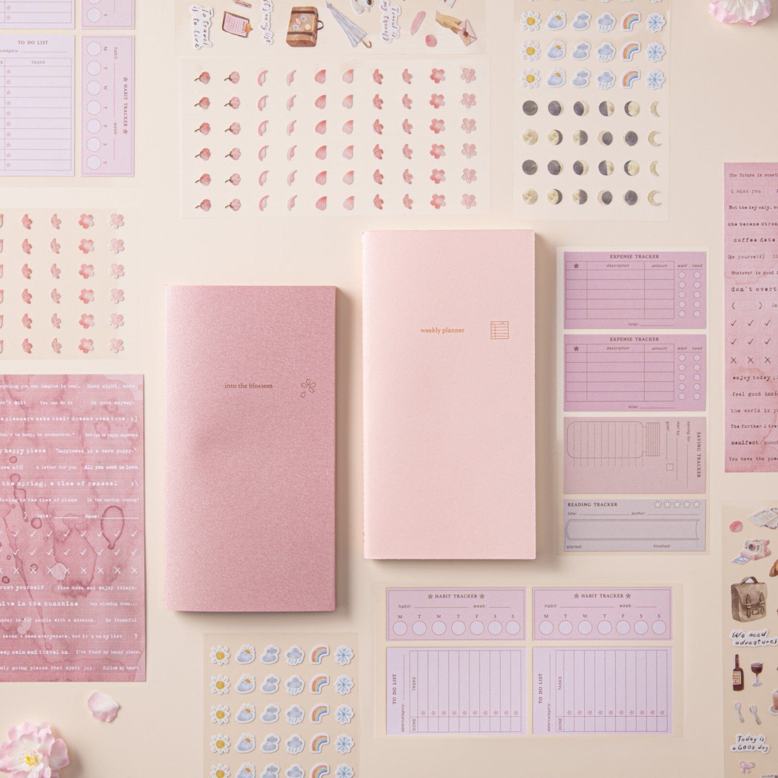 Flatlay of Hinoki into the blossom mixed insert + sticker set