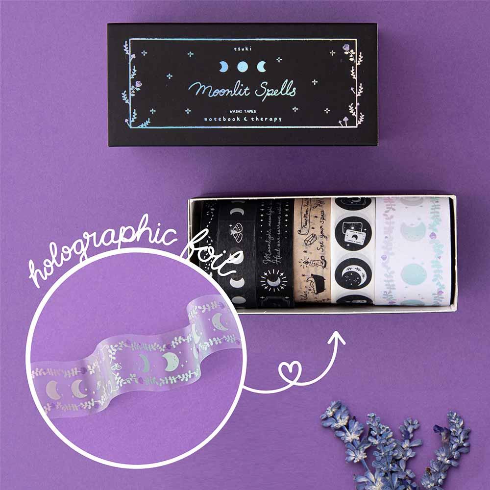 Moonlit Spell' Washi Tape Set with eco-friendly gift box packaging and holographic foil details with lavender sprigs on purple background