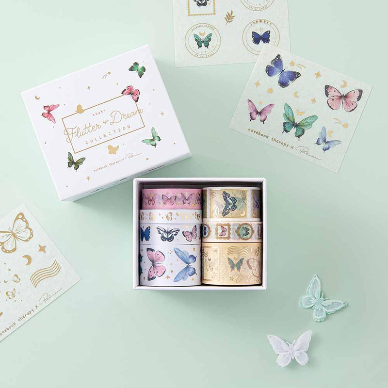 Tsuki ‘Flutter + Dream’ Washi Tape Set by Notebook Therapy x Pelinkan with butterflies on mint background
