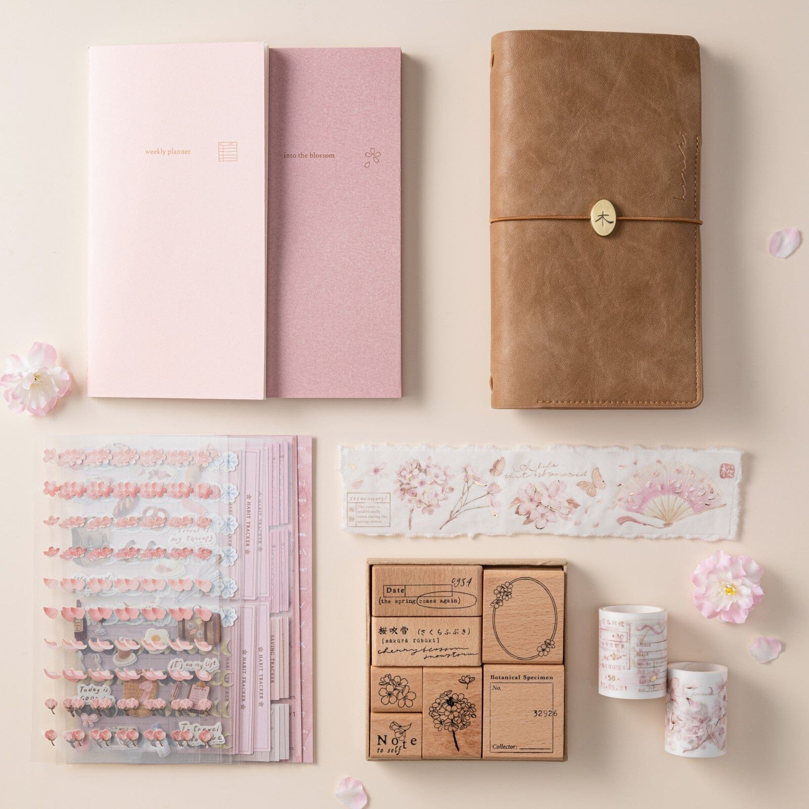 Flatlay of Hinoki into the blossom mixed insert + sticker set