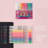 Moonlight Gelly Roll Pens in various colours on open black page bullet journal paper on baby pink background