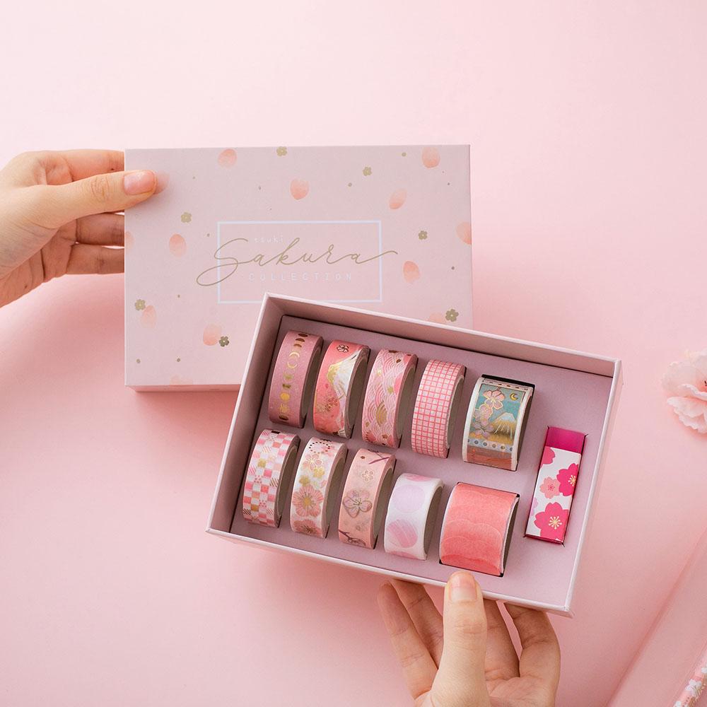 Sakura washi tape collection box set with 10 different masking tapes and cherry blossom eraser