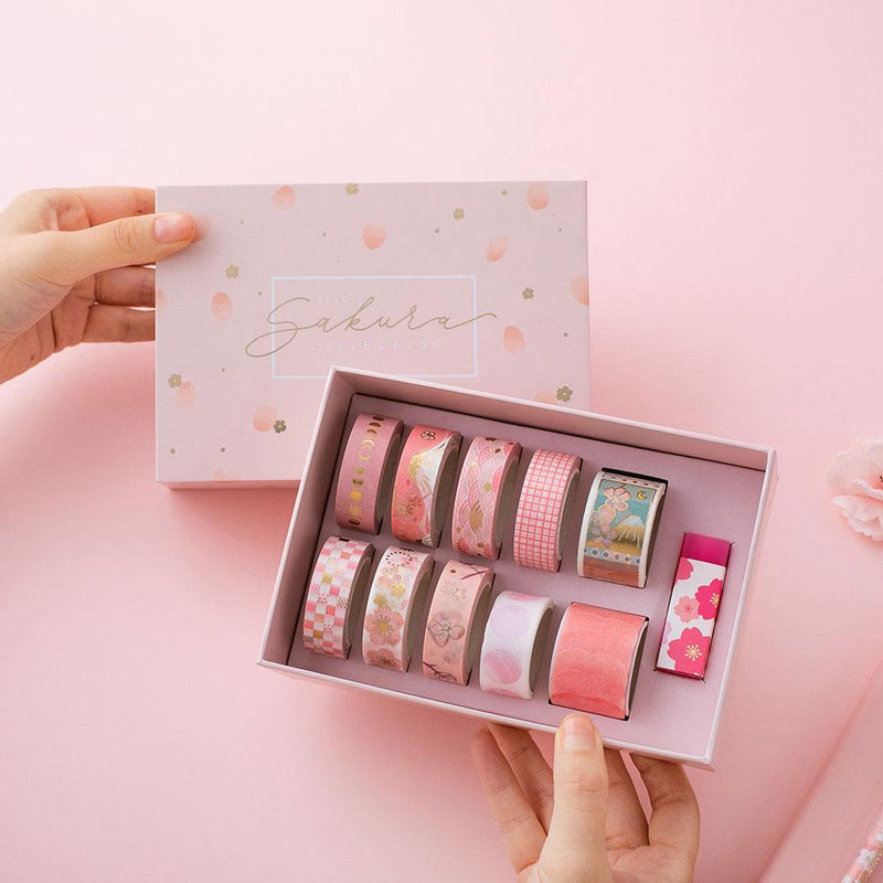 Sakura washi tape collection box set with 10 different masking tapes and cherry blossom eraser