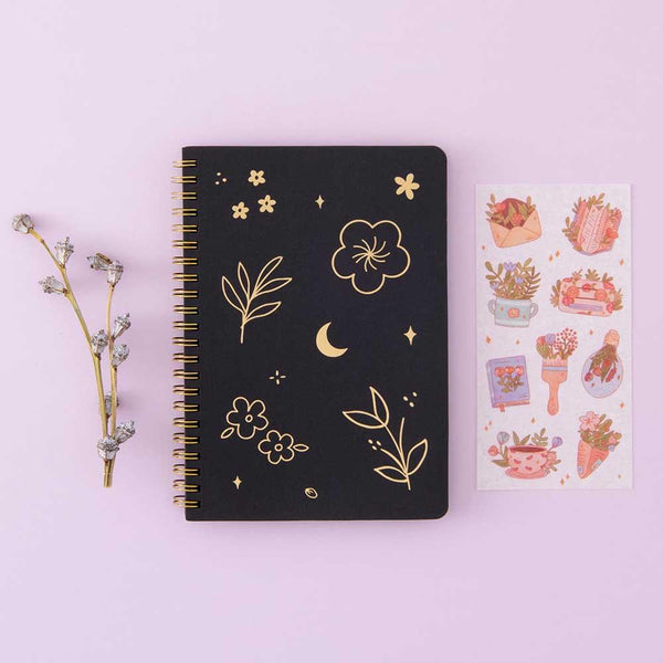 Refleris Bullet Dotted Journal with Black Paper Floral Hardcover Notebook  with Pen Loop, 2 Ribbons, and Inner Pocket - 120 GSM - Elegant Metallic