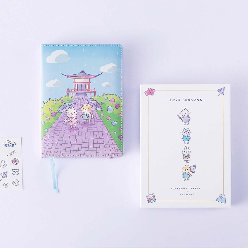 Tsuki Four Seasons: Summer Edition Bullet Journal designed with @milkkoyo with free sticker sheet and eco-friendly gift box packaging on lilac background