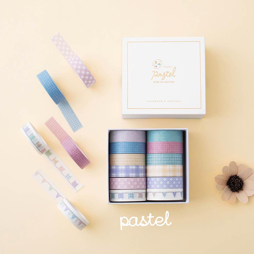 Tsuki Core Washi Tape Set in Pastel with luxury eco-friendly gift box packaging and flowers on beige background