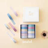 Tsuki Core Washi Tape Set in Pastel with luxury eco-friendly gift box packaging and flowers on beige background