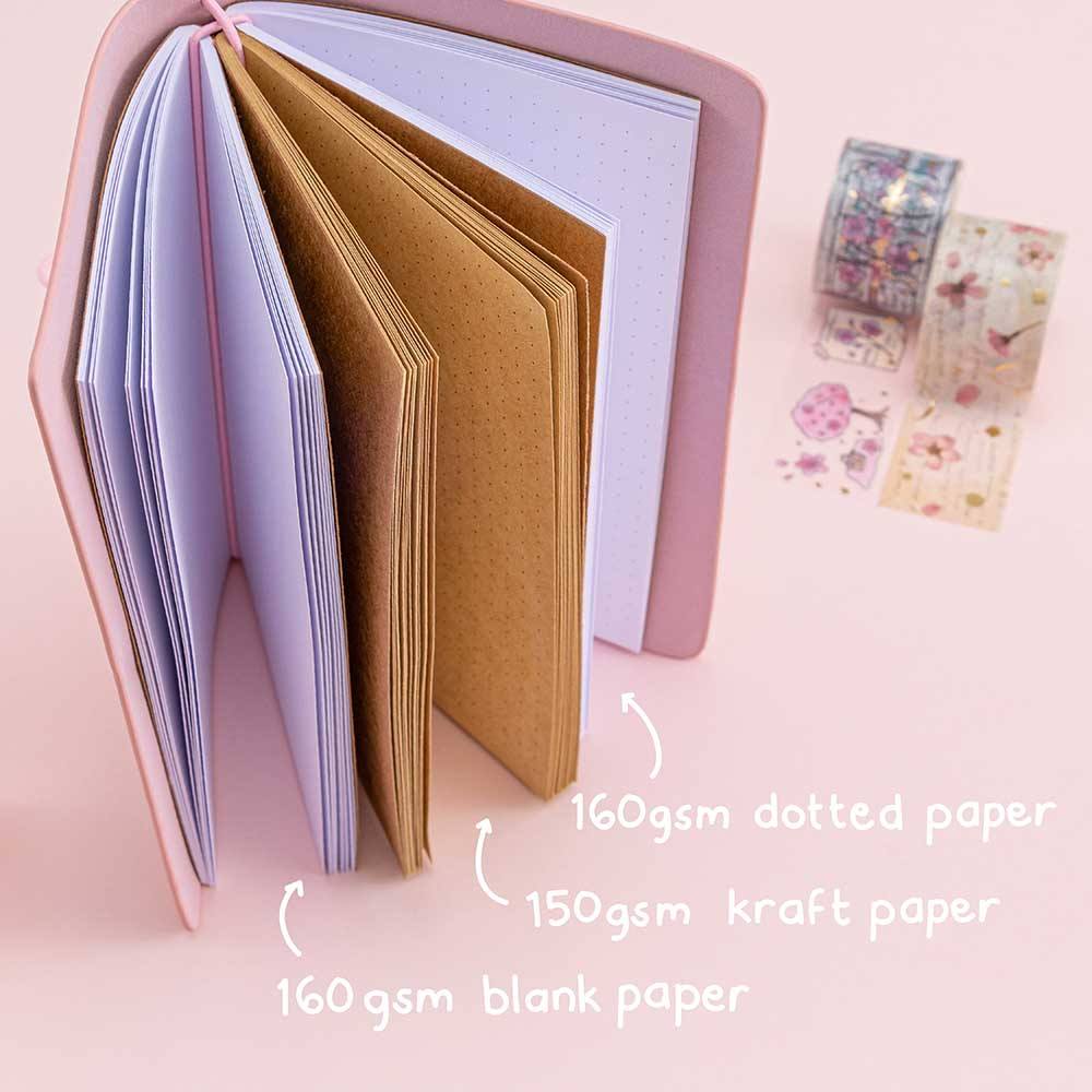 Tsuki ‘Sakura Journey’ Limited Edition Travel Notebook with 160GSM dotted paper insert and 150GSM kraft paper insert and 160GSM blank white paper with Tsuki ‘Sakura Journey’ Vintage Journal washi tapes on pink background