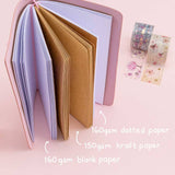 Tsuki ‘Sakura Journey’ Limited Edition Travel Notebook with 160GSM dotted paper insert and 150GSM kraft paper insert and 160GSM blank white paper with Tsuki ‘Sakura Journey’ Vintage Journal washi tapes on pink background